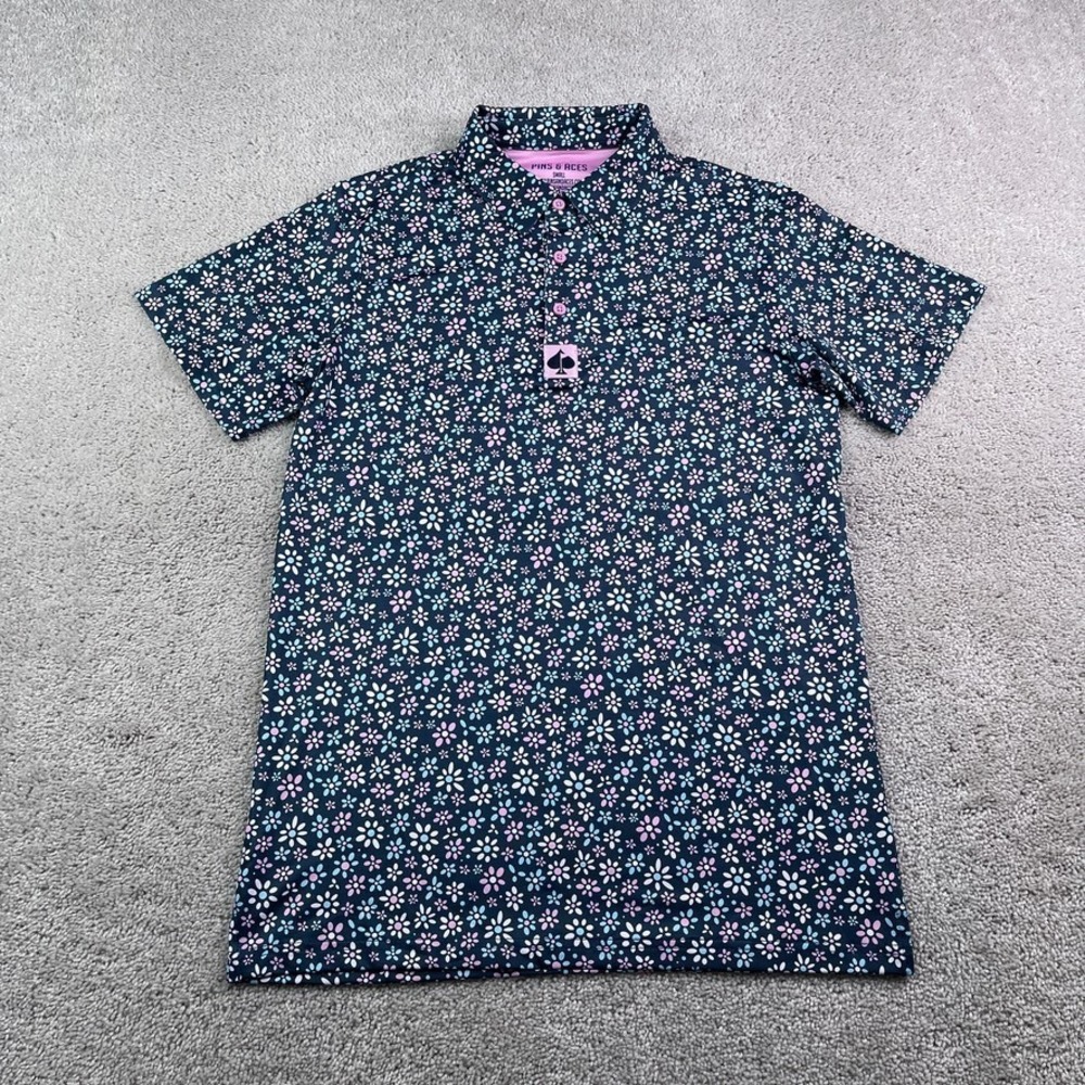 Pins and Aces Polo Shirt‎ Mens Small Black Pink Floral Performance Stretch Golf